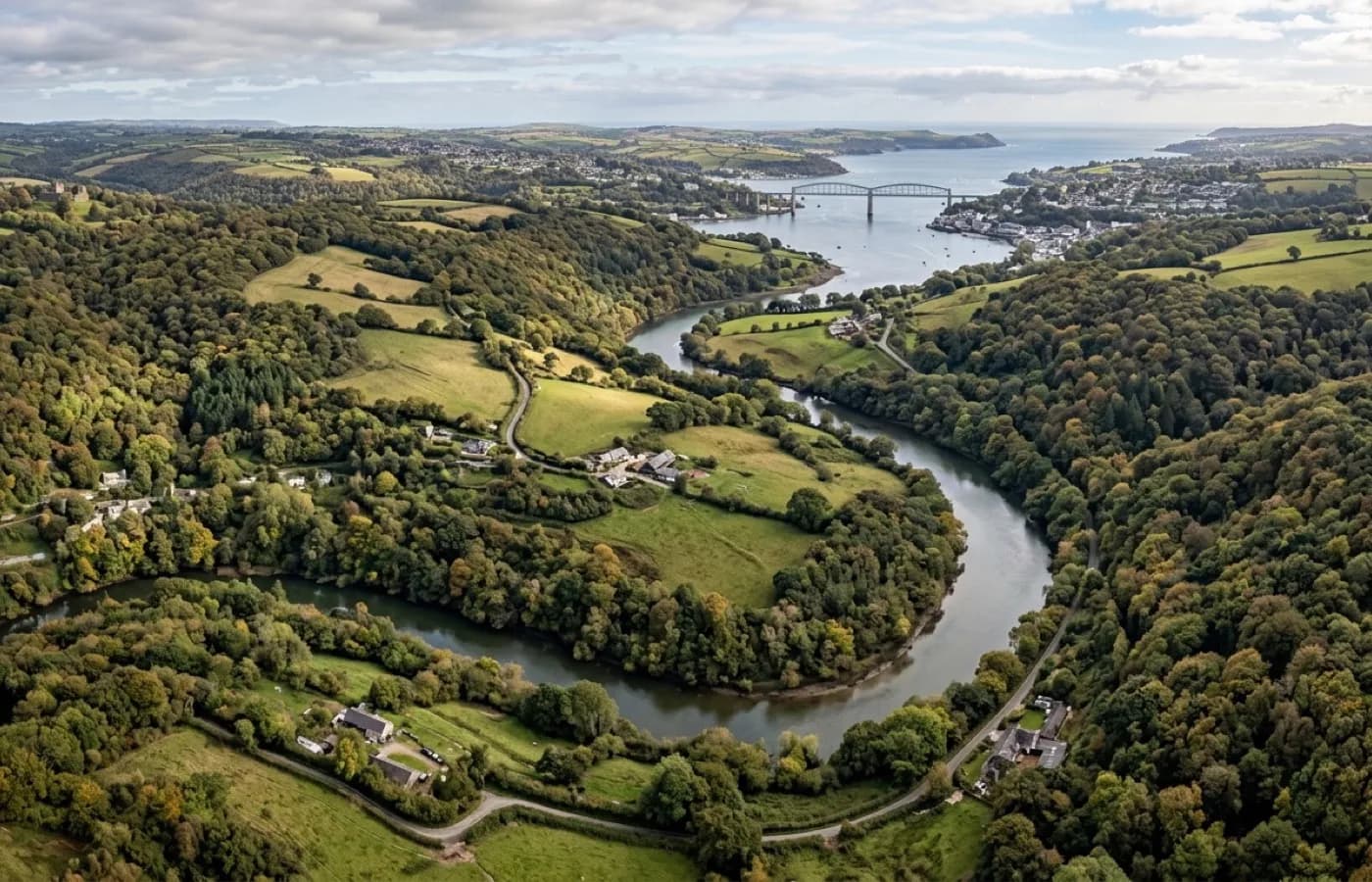 Aerial view across the Tamar valley into East Cornwall near Launceston, Bude and Saltash