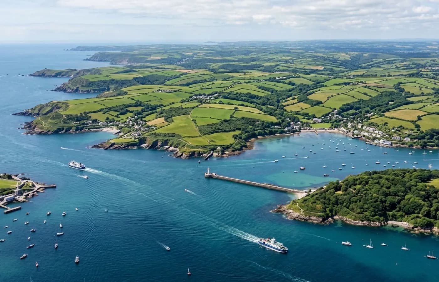 Aerial view of Plymouth Sound and the South Hams countryside towards Ivybridge and Kingsbridge